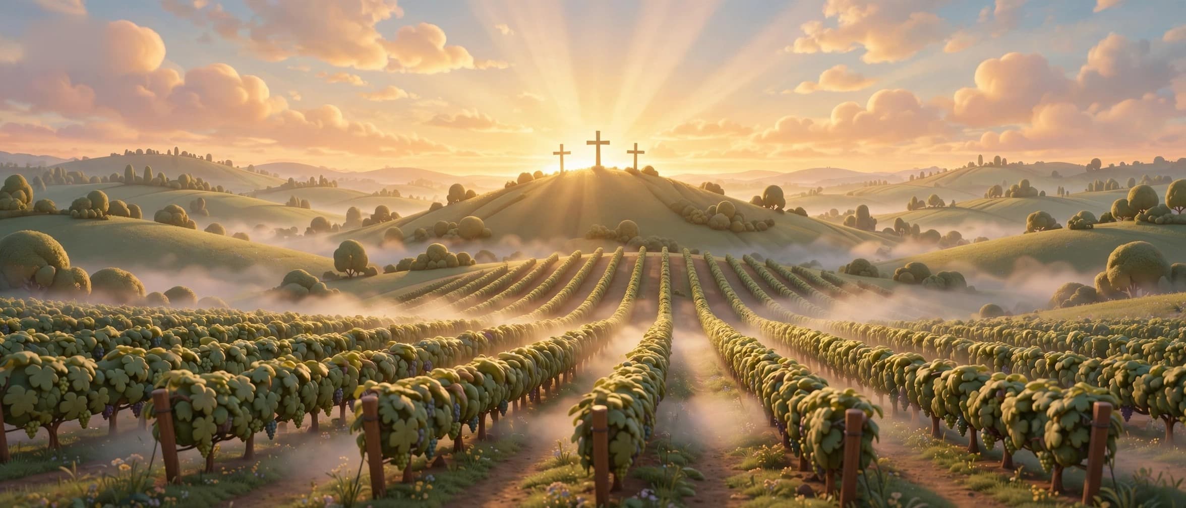 Three crosses on a hill at sunrise, above rows of grapevines