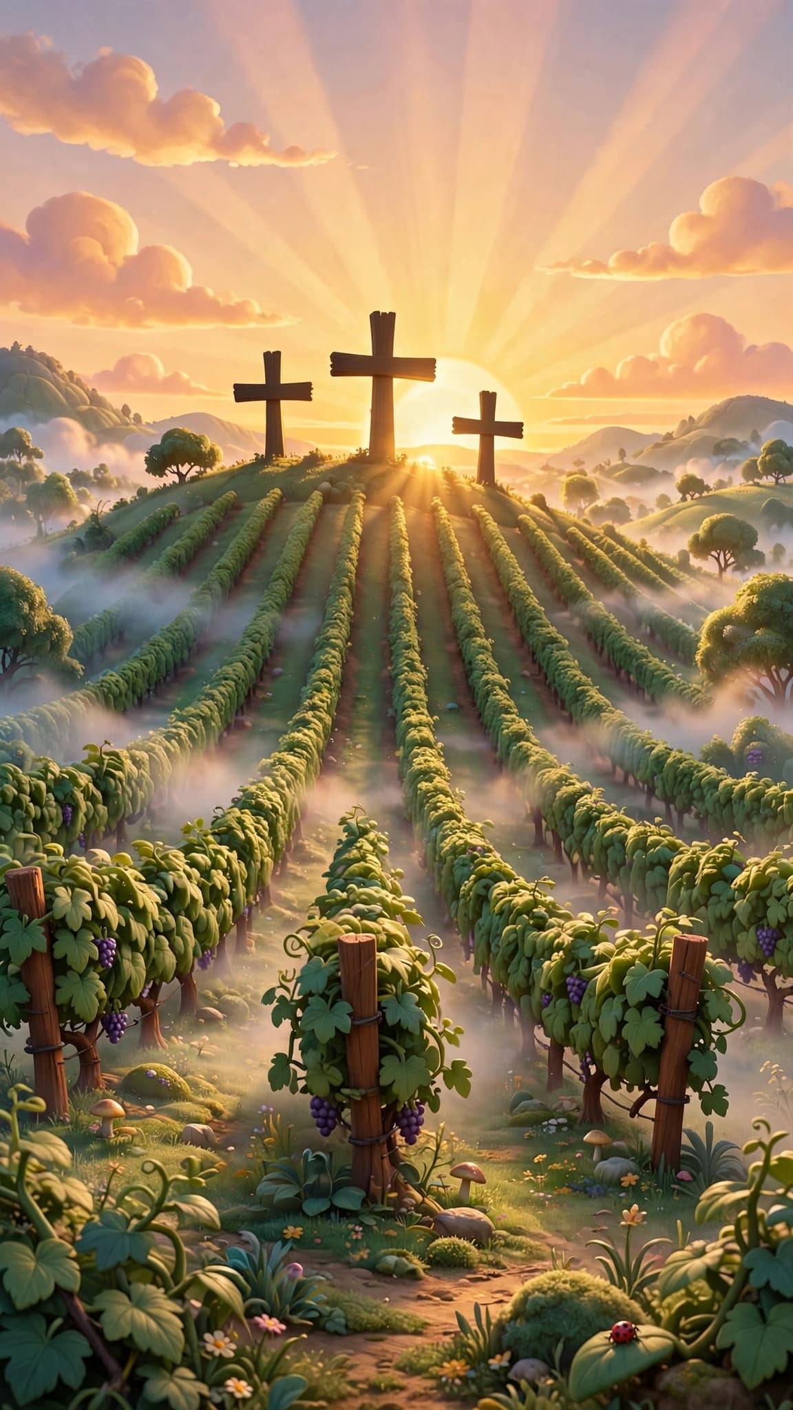 Three crosses on a hill at sunrise, above rows of grapevines
